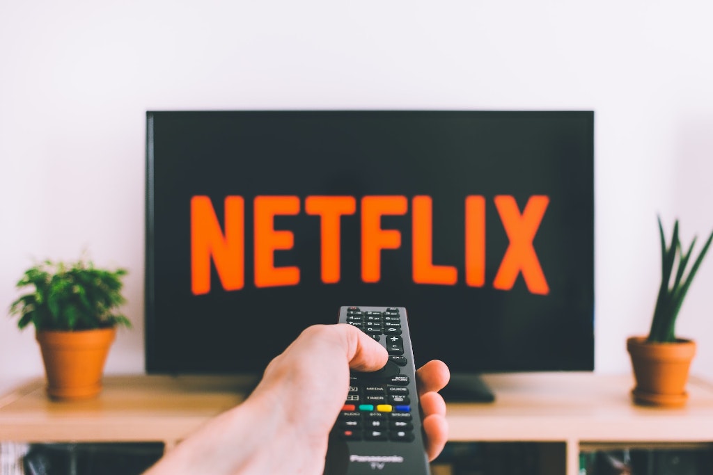 Photo d'une main gauche tenant une télécommande pointée en direction d'un télévision à écran plat. Sur la télé le mot Netflix est écrit en rouge. La télévision est posée sur un meuble télé en bois avec deux plantes vertes posées à gauche et à droite de celle-ci.